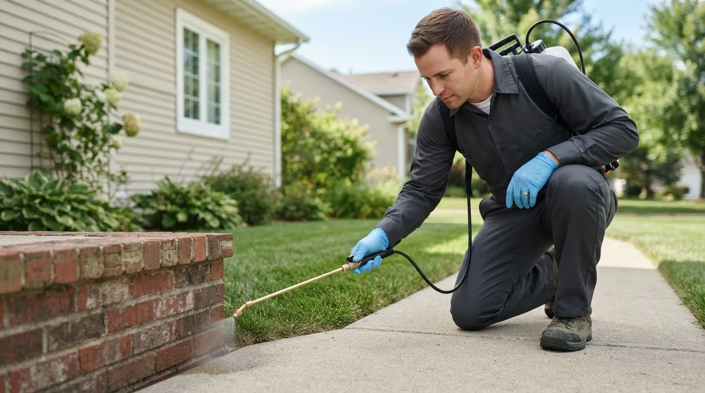 Pest control technician treating a home near Pomfret Center, CT