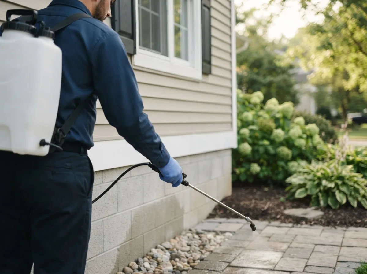 Pest control technician inspecting a home in Pomfret Center, CT